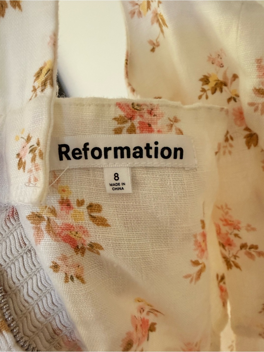 Reformation Cream Floral Linen-Blend dress with Blush and Olive Print